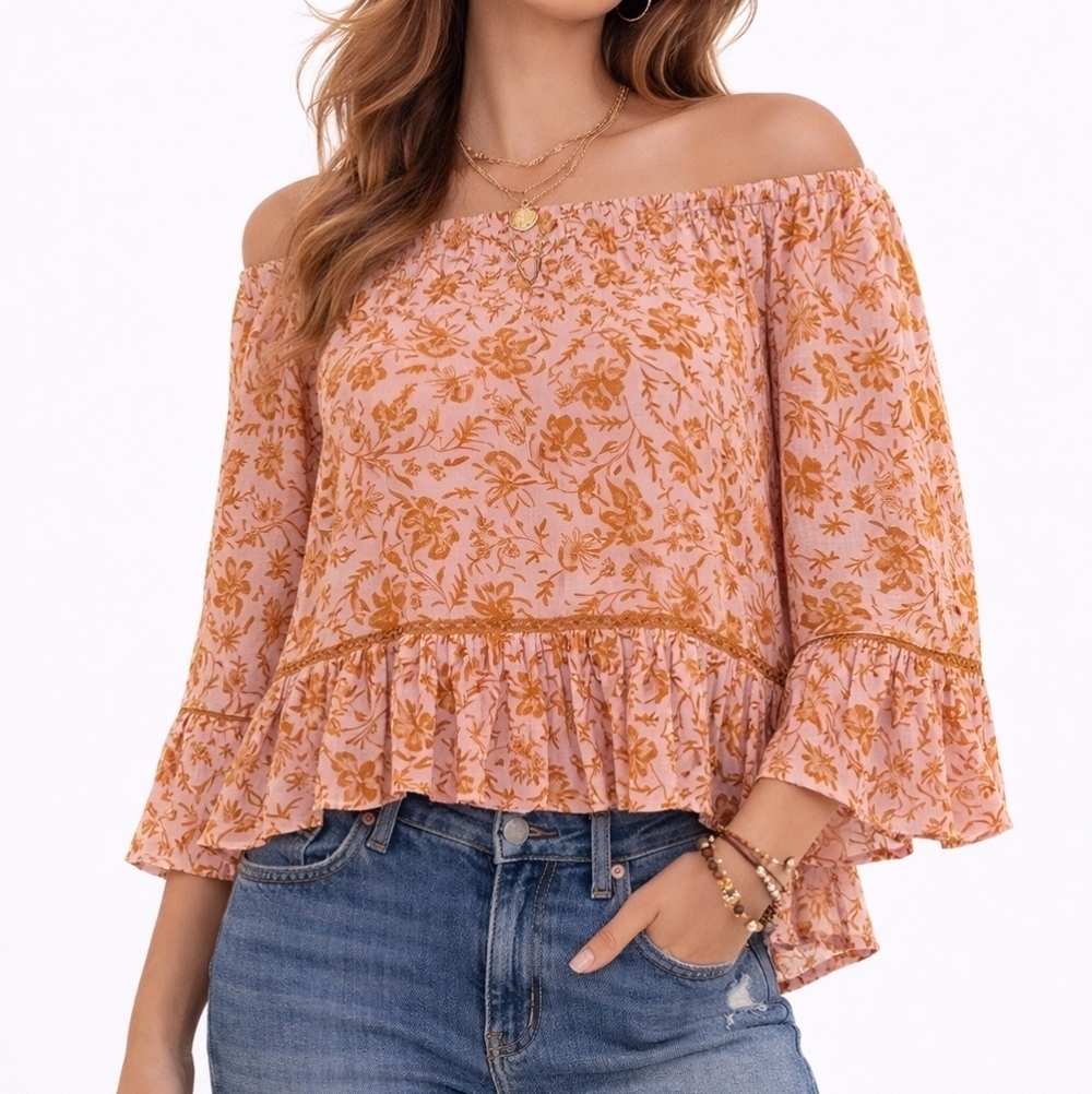 DEMOCRACY Romantic Pink Camel Floral Cropped Off Shoulder Swing Blouse